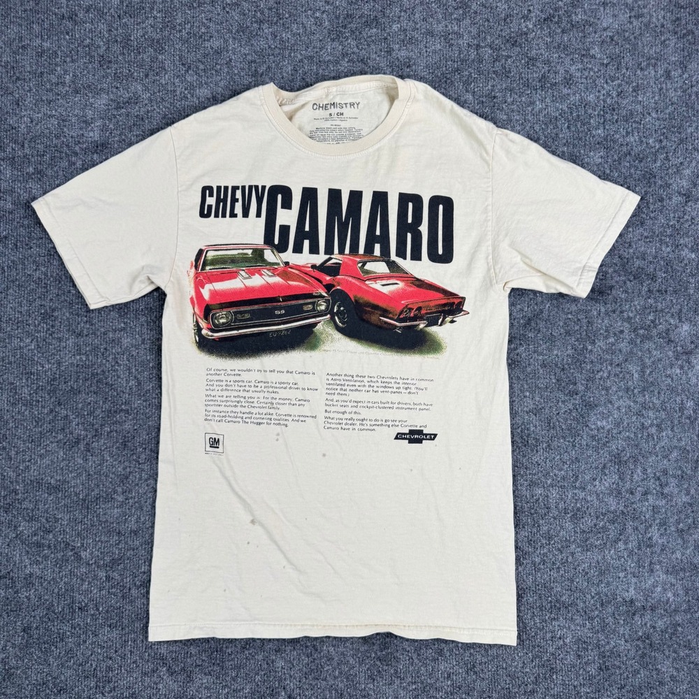 Chemistry T-Shirt Mens Size S Cream Chevy Camaro Graphic Vintage Style Cotton